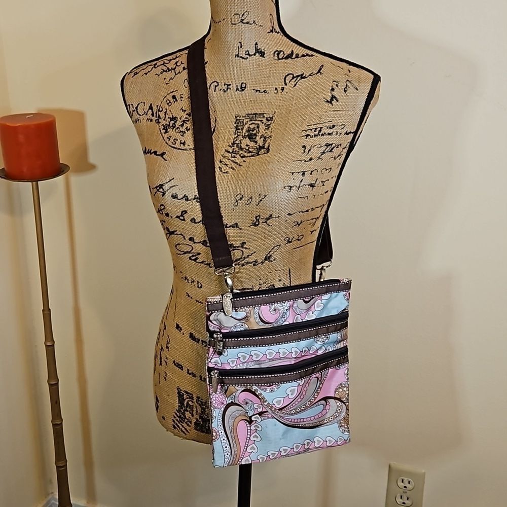 Two’s Company Paisley Triple Zip Crossbody Bag Adjustable Strap Travel Purse